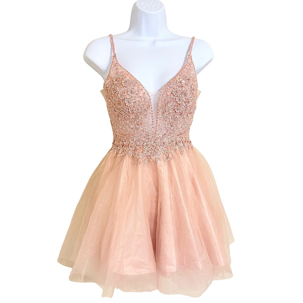 LaDivine CD0189 Sequin Beaded Lace Applique Short Prom Dress Rose Gold XS